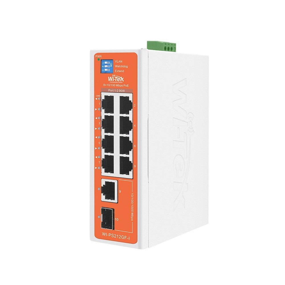 Switch Industrial 8FE PoE Ports 1-2 90W, Ports 3-8 30W, + 1GE + 1SFP no administrable WI-PS212GF-I V2 Switch Industrial 8FE PoE Ports 1-2 90W, Ports 3-8 30W, + 1GE + 1SFP no administrable WI-PS212GF-I V2