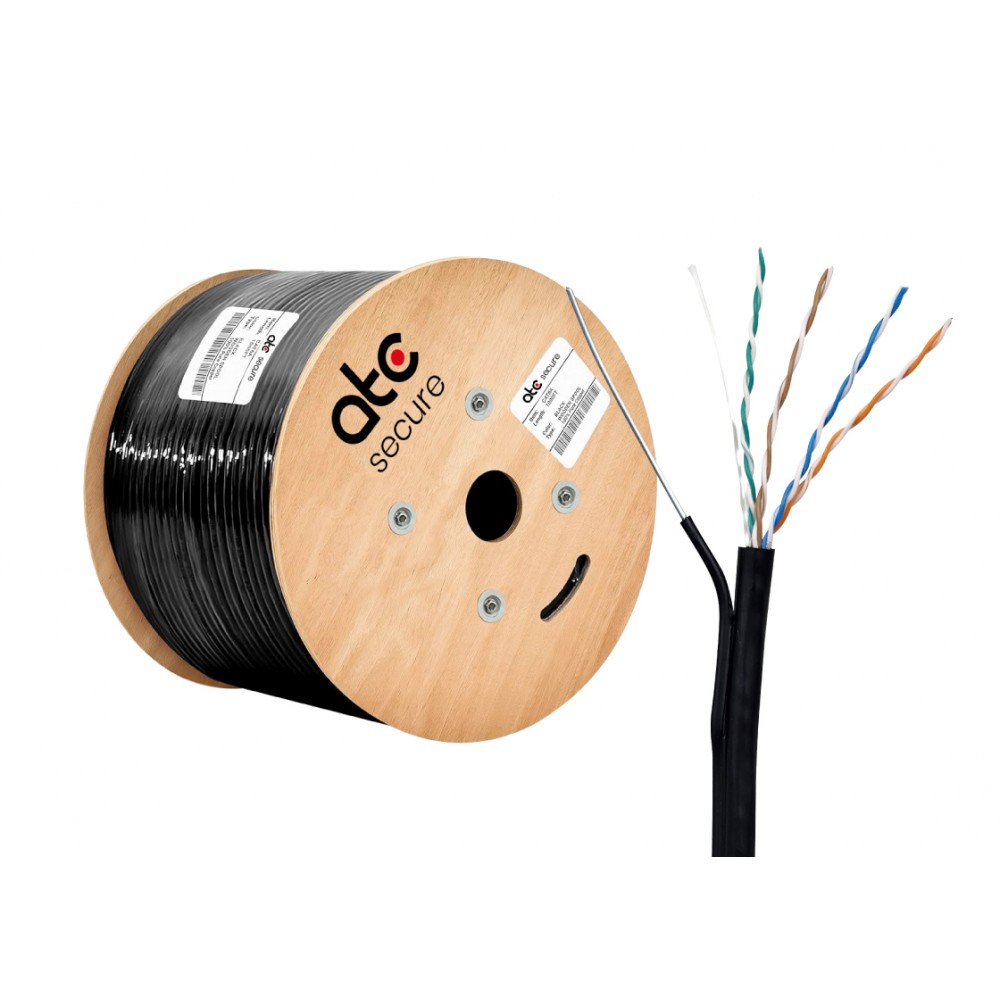 Cable UTP Cat5e Exterior c/mensajero 100% Cobre Negro 305MT PE 0.50MM ATCS