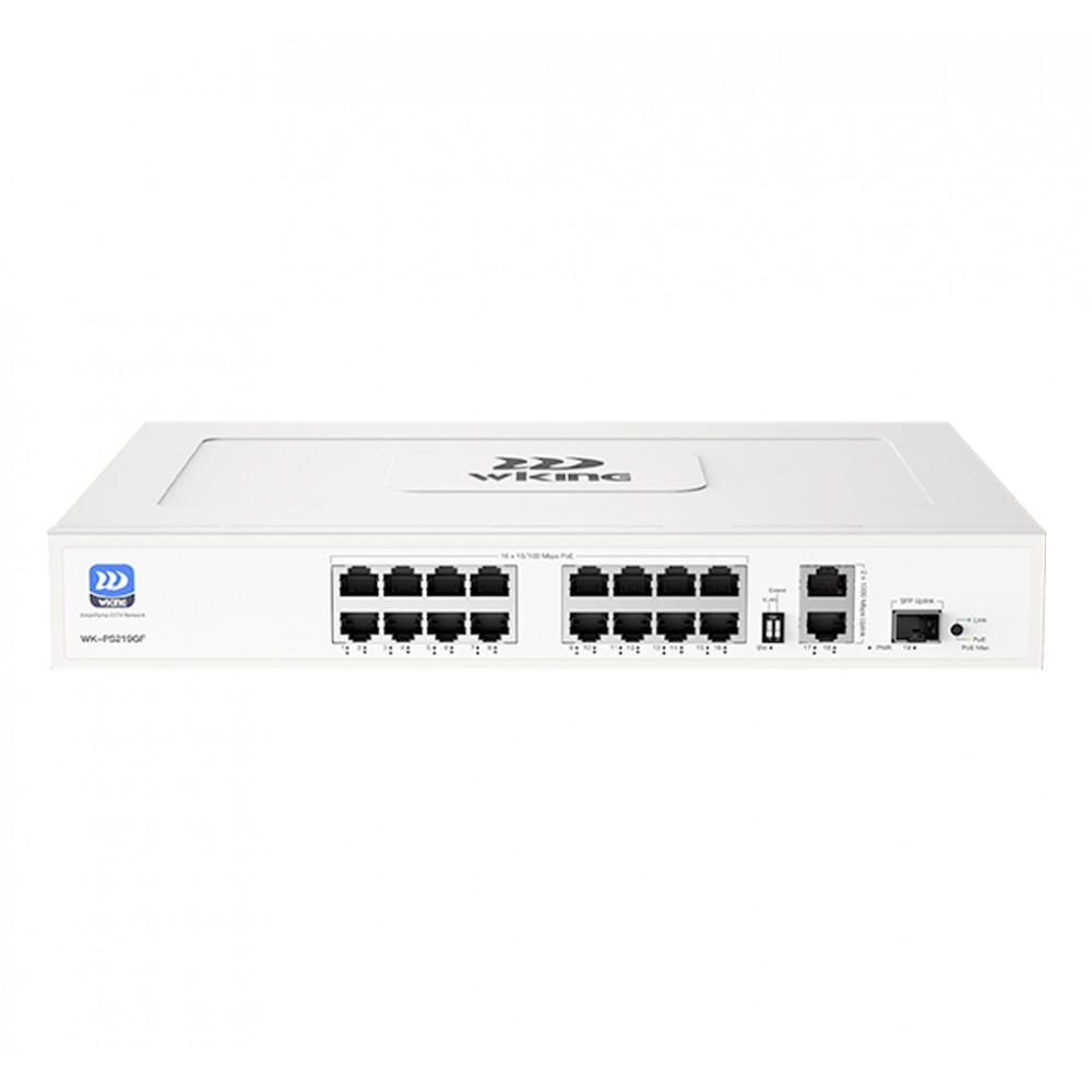 Switch 16FE P1 Hi-PoE 60W P2-16 PoE+ (180W) Mod Extend + 2GE + 1SFP No Administrable WK-PS219GF Wiking Switch 16FE P1 Hi-PoE 60W P2-16 PoE+ (180W) Mod Extend + 2GE + 1SFP No Administrable WK-PS219GF Wiking